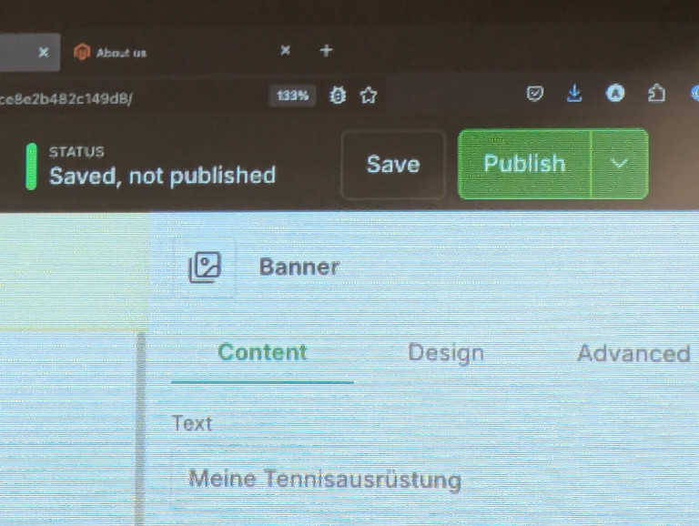 Ausschnitt der Hyvä CMS Bedienoberfläche, das die Funktion Speichern oder Veröffentlichen zeigt.