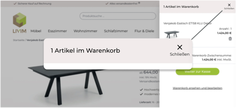 Schließen Button bei einem Mini-Warenkorb, dargestellt durch einen X und das Wort Schließen darunter.